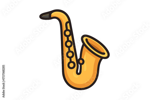 Saxophone icon vector. Musical instrument symbol for jazz, blues music. Golden sax cartoon illustration for band, orchestra, or concert. Isolated flat graphic design element.