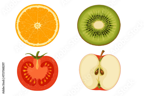 Realistic fruit illustration set. Orange, kiwi, tomato, apple cut in half. Vector food cross-section. Healthy diet, natural vitamins, juicy organic fruit slices collection.