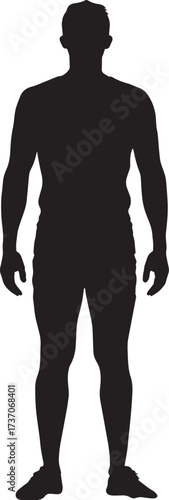 A black and white silhouette of a man standing with his arms at his sides.