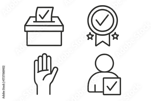 Voting and election line icon set. Ballot box, polling, and democracy concept. Quality approval medal with checkmark. Verified person and raised hand for choice symbol.
