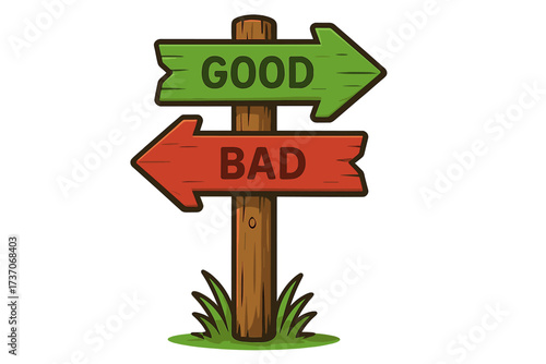 Good versus bad choice on a wooden signpost. Concept of decision making, opposite directions and moral dilemma. Right and wrong path selection. Vector cartoon illustration isolated.