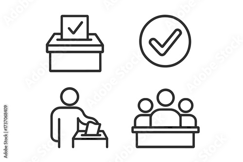 Election and voting line icon set. Ballot box, voter, check mark, and committee symbols. Political process, democracy concept, and civic duty. Vector illustration for web, app.