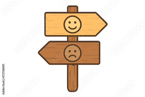 Signpost with two path choices, easy versus hard way. Decision making concept with happy and sad emoticons. Metaphor for choosing direction, strategy, options, positive or negative.