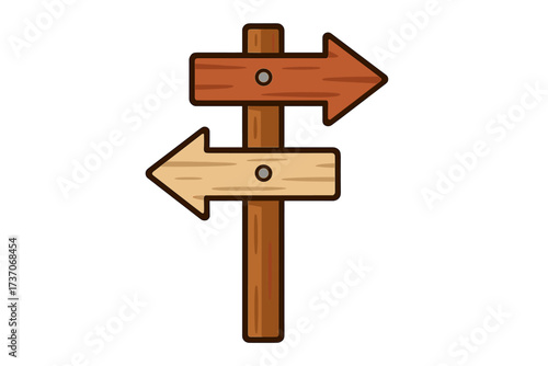 Signpost with 2 choices between good and bad. Vector of wooden arrows pointing opposite ways. Metaphor for decision making, dilemma, strategy, right and wrong path, crossroads.