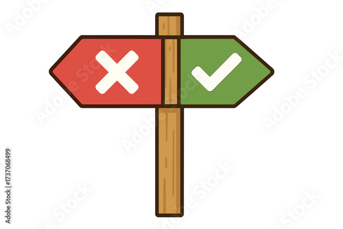 Wooden signpost with two choices, yes and no, right and wrong. Directional arrows with checkmark and cross symbol. Concept for decision making, dilemma, moral choice, path.