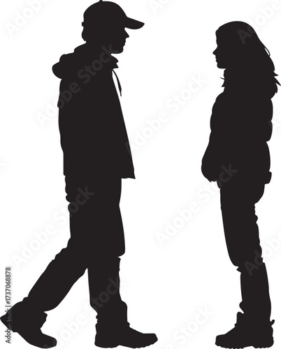 Two silhouetted figures, one male and one female, walking side by side against a white background.