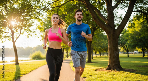 Couple running in park fitness workout exercise healthy lifestyle cardio training outdoor activity jogging together