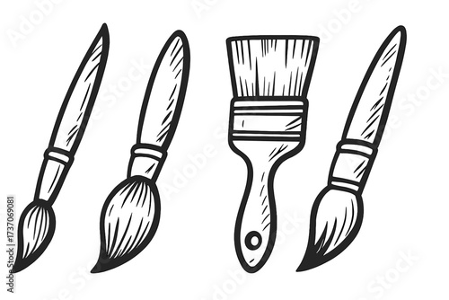 Hand-drawn black and white artist paintbrushes set, vector illustration of painting tools including flat and round bristle brushes, creative art supplies, transparent background