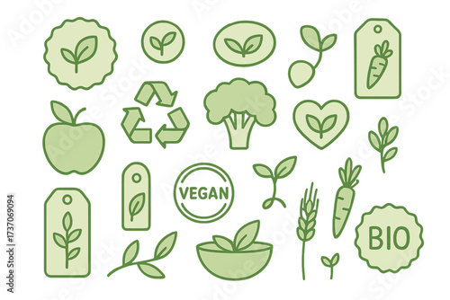 Organic and vegetarian vector design elements, bio icons, tags, labels, vegan symbols, eco-friendly food shapes for packaging, cafes, restaurants, and healthy products