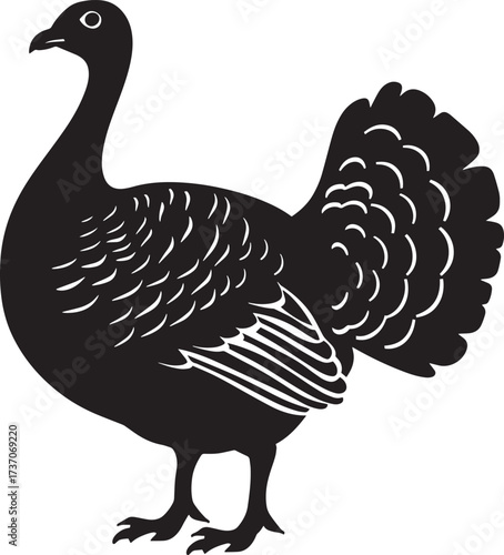 A black and white silhouette of a turkey against a white background.