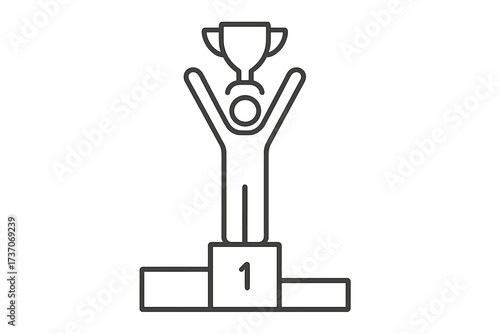 Winner celebrating first place on winner’s podium holding trophy, champion icon, victory and success concept, award ceremony, achievement, thin line vector illustration