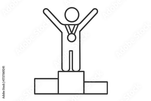 Winner first place standing on winner's podium with medal, champion celebration, victory, award ceremony, thin line vector icon, sport success concept, transparent background