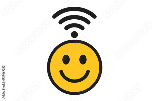 Wireless connection concept with smiling emoticon face connected to internet via WiFi icon, digital communication symbol, network signal, technology illustration, transparent background vector