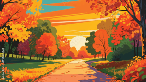 Path in the middle of the garden park Illustrator Artwork Banner Background Design Template 