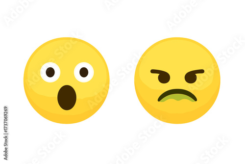 Surprised emoji face with open mouth and shocked expression. Disgusted, nauseated, sick face with vomit. Emoticon collection showing opposite feelings, reactions, and emotions.