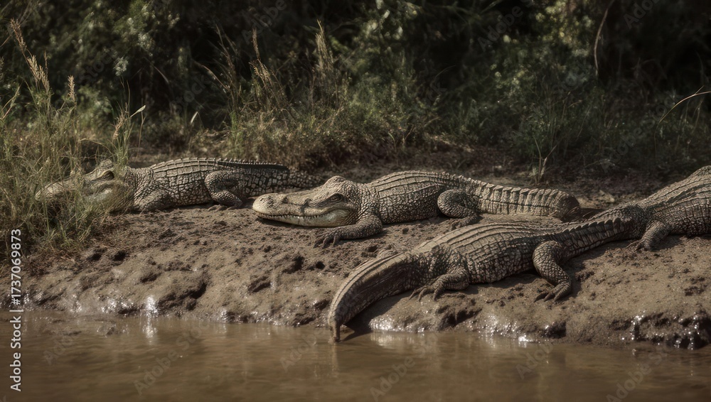 Fototapeta premium Crocodiles resting near a water's edge