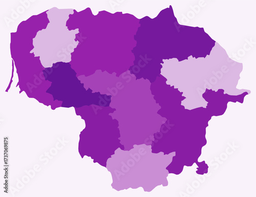 Map of Lithuania with regions. Just a simple country border map with region division. Purple color palette. Flat Lithuania shape with administrative division. Vector illustration.
