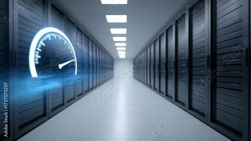 High speed data center corridor with glowing speedometer graphic, modern server racks, advanced technology, digital network infrastructure, fast internet, efficient connectivity, and secure