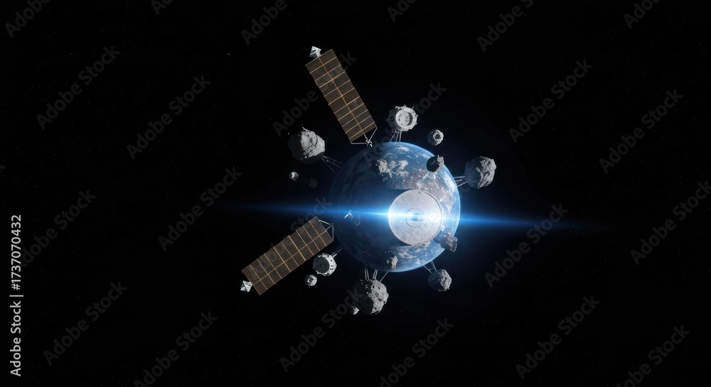 Obraz premium Space station near Earth, debris field