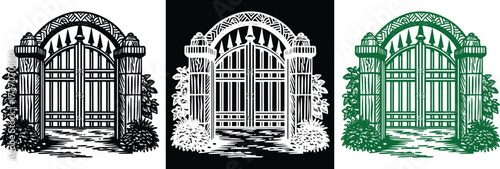 Beautiful ornate garden gate illustration in black, white and green for invitations and magical designs, perfect for your creative vision