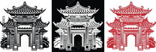 Stunning monochrome and red Chinese pagoda gate designs, perfect for cultural events, travel promotions, and eye-catching print projects, ready for use