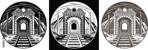 Explore a classic railroad tunnel graphic with vintage charm, perfect for transportation enthusiasts and historical design projects with a retro vibe
