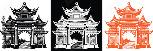 Vibrant set showcasing traditional Asian pagoda in graphic black, white, and orange for distinctive cultural designs and artistic flair projects