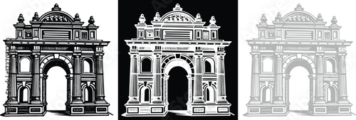 Dramatic triumphal arch illustration with bold architectural detail offers a strong sense of history and grandeur for striking designs and layouts
