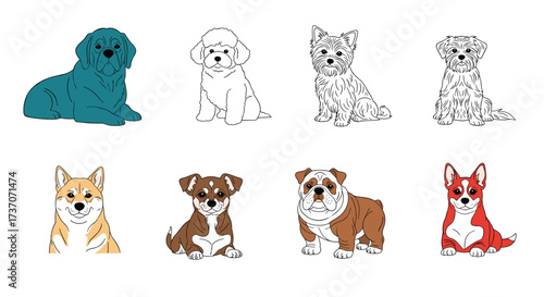 A diverse collection of playful dog breeds rendered in a charming pixel art style for your enjoyment.