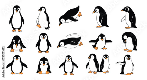 A delightful collection of cartoon penguins in various amusing poses showcasing their playful nature and unique charm.