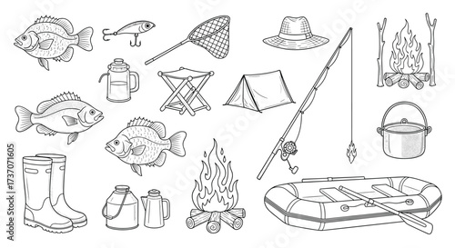 A collection of outdoor adventure and fishing gear illustrations.