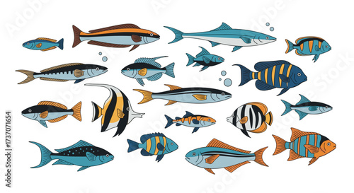A diverse collection of pixel art fish swimming in clear blue water.