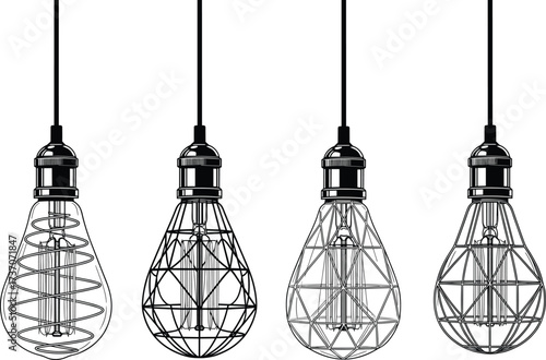 Vintage Edison light bulbs with geometric wireframe cages, industrial retro lamp design, black and white vector illustration, loft style lighting decor