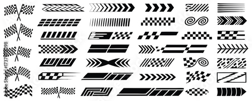 Racing cars and race car stripes set, checkered flag, finish line, motocross labels, dynamic lines, motorsport, racing stripe speed, automotive competition