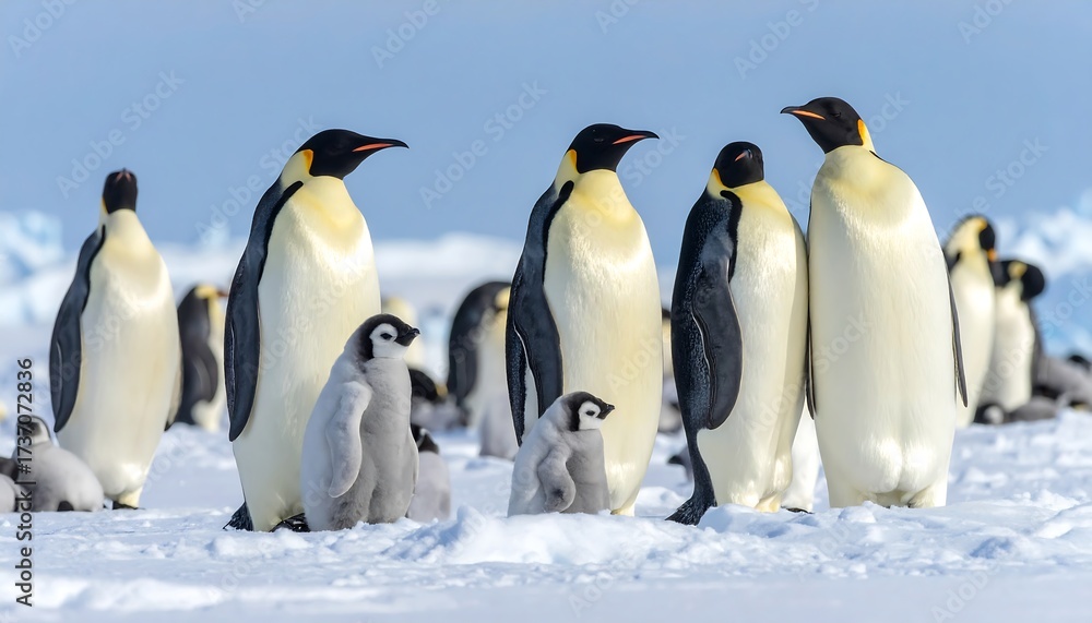 Fototapeta premium A group of emperor penguins stands on a snowy landscape, showcasing a family unit with adults and chicks.
