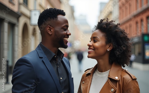 Man with afrian american woman together in the city outdoors. High quality