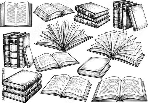 Vintage hand drawn book illustration set, open and closed books, retro stacked books vector, antique library literature collection, academic education 