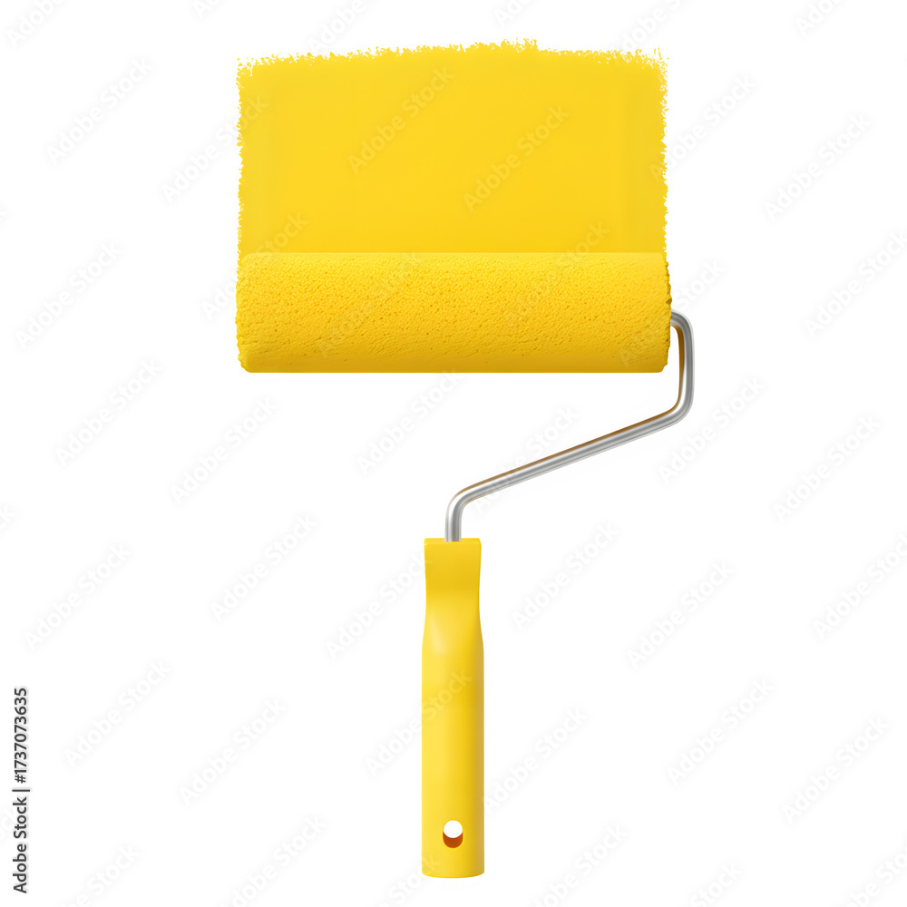 Obraz premium Bright yellow paint roller with fresh paint stroke on white background, perfect for design, art, renovation, and creative projects. Isolated on white or transparent background. PNG format.