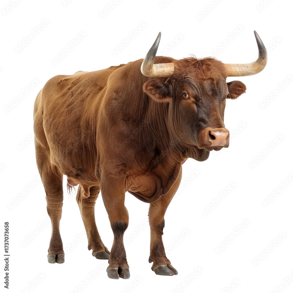 Naklejka premium A brown bull with large horns standing in front of a transparent background.
