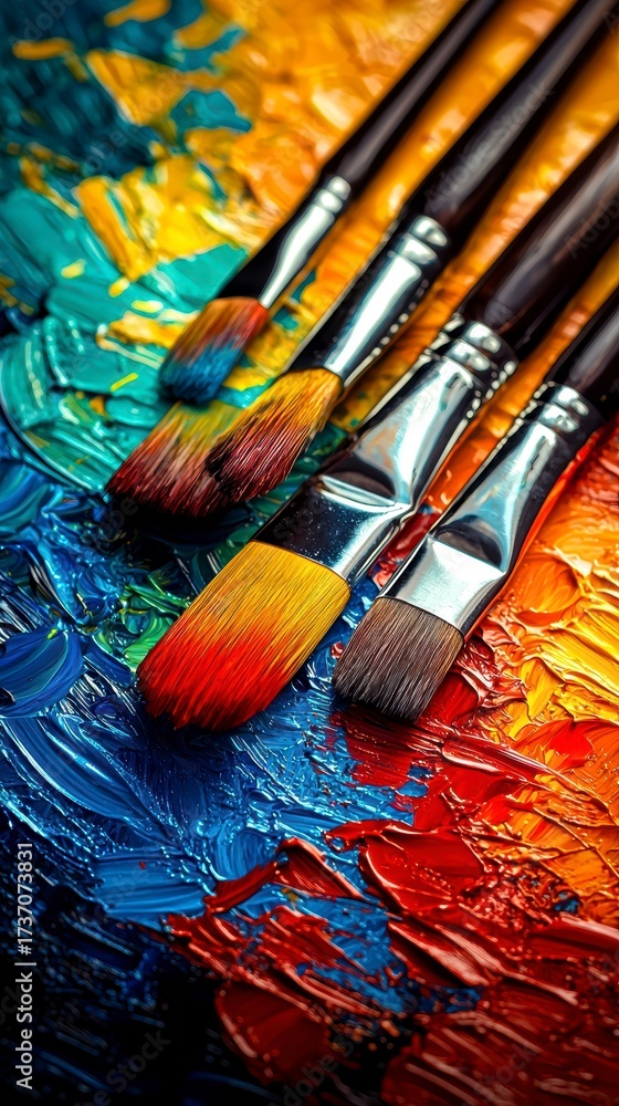 Fototapeta premium Paintbrushes on Vibrant Oil Paint Palette.