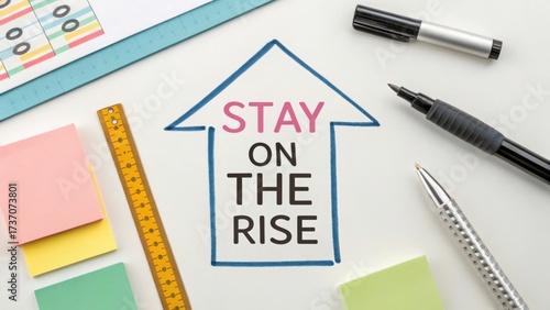 Stay on the Rise: Motivational Concept with Office Supplies and Colorful Post-it Notes for Productivity and Success