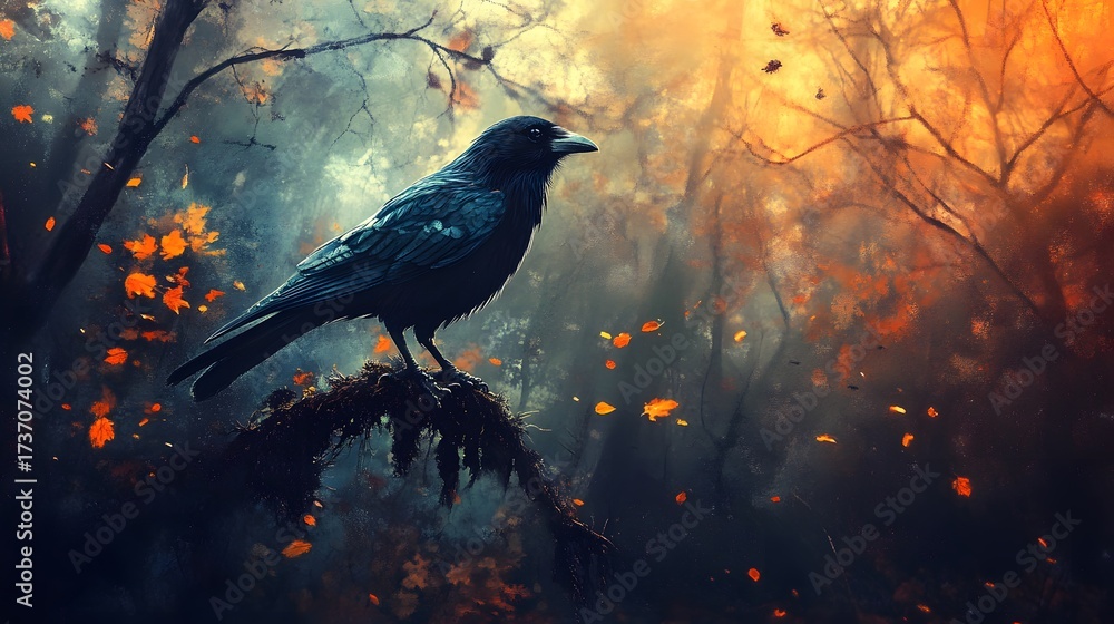 Fototapeta premium A black crow perches on a branch in a misty autumn forest, surrounded by falling leaves.