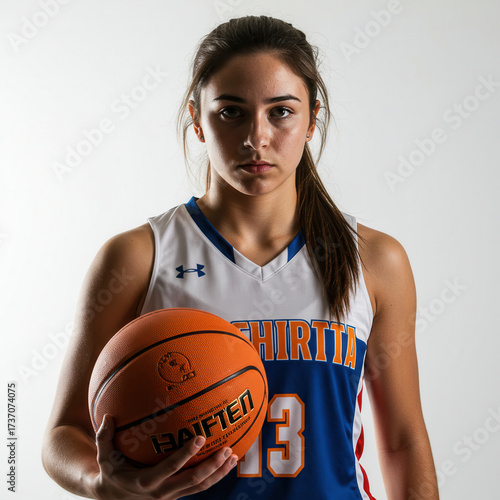 Portrait of a focused young female basketball player with a determined expression.