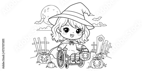 Cute Halloween Coloring Page with Girl in Wheelchair Witch Costume