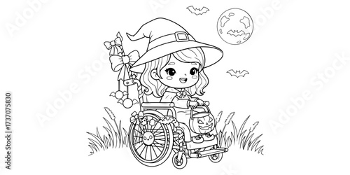 Spooky Cute Witch Girl in Wheelchair with Simple Background
