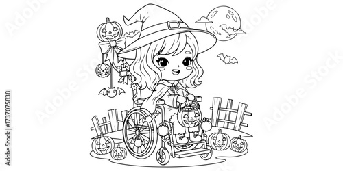 Wheelchair Witch with Pumpkin Bucket and Flying Bats Line Art