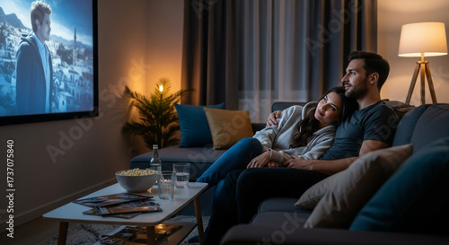 Romantic evening at home a young couple watches a movie on tv, cuddling on the sofa with popcorn and drinks, enjoying a relaxing night in their cozy living room