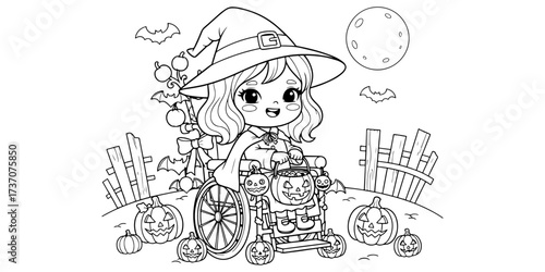 Inclusive Halloween Coloring Page with Disabled Child in Costume