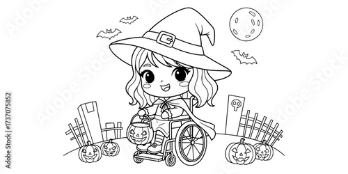 Chibi Witch Girl with Decorated Wheelchair Trick or Treat Scene