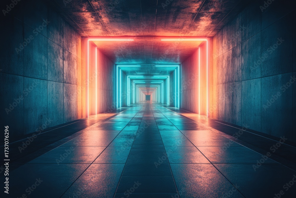 Obraz premium Glowing neon portal into distant vanishing point